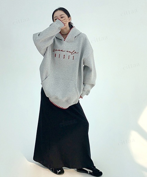 Dalfwin（ダールフィン）の「韓国ファッション ricecake刺繍ロゴ配色ステッチフーディー（パーカー・レディース・グレー/ブルー・FREE）」の9枚目の写真