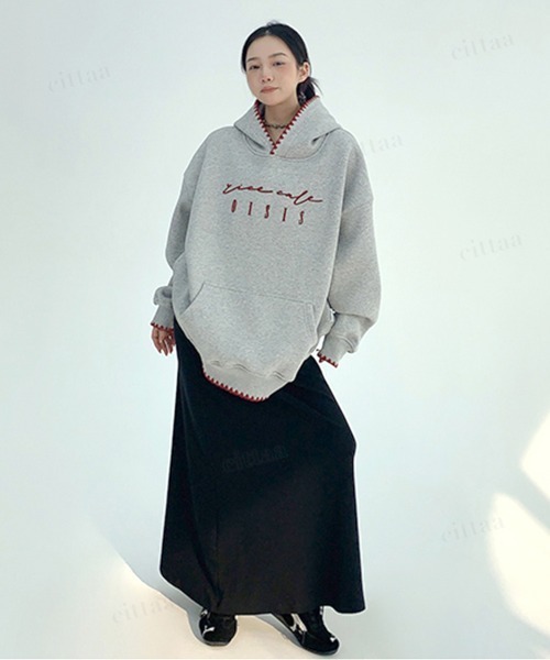 Dalfwin（ダールフィン）の「韓国ファッション ricecake刺繍ロゴ配色ステッチフーディー（パーカー・レディース・グレー/ブルー・FREE）」の10枚目の写真