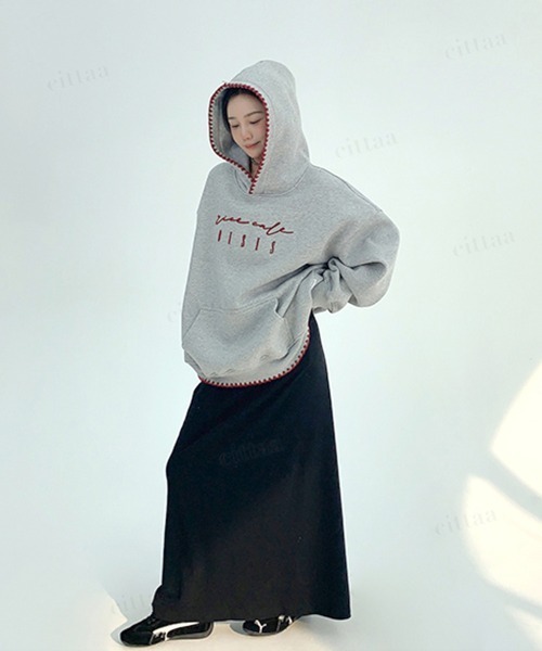 Dalfwin（ダールフィン）の「韓国ファッション ricecake刺繍ロゴ配色ステッチフーディー（パーカー・レディース・グレー/ブルー・FREE）」の11枚目の写真