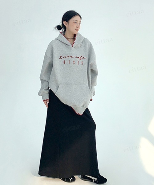 Dalfwin（ダールフィン）の「韓国ファッション ricecake刺繍ロゴ配色ステッチフーディー（パーカー・レディース・グレー/ブルー・FREE）」の12枚目の写真