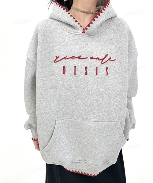 Dalfwin（ダールフィン）の「韓国ファッション ricecake刺繍ロゴ配色ステッチフーディー（パーカー・レディース・グレー/ブルー・FREE）」の13枚目の写真
