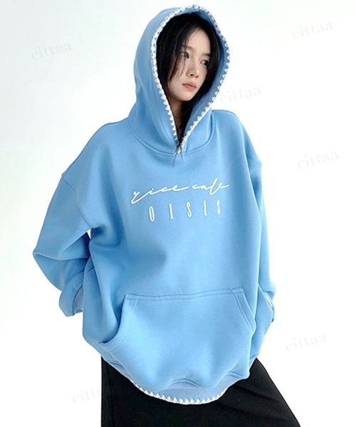 Dalfwin（ダールフィン）の「韓国ファッション ricecake刺繍ロゴ配色ステッチフーディー（パーカー・レディース・グレー/ブルー・FREE）」の15枚目の写真