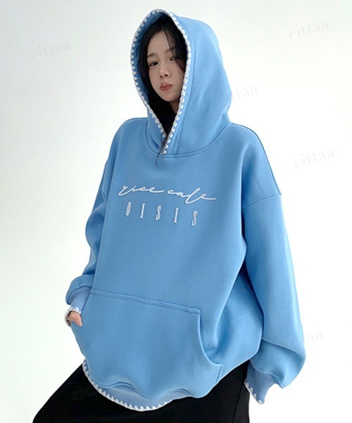 Dalfwin（ダールフィン）の「韓国ファッション ricecake刺繍ロゴ配色ステッチフーディー（パーカー・レディース・グレー/ブルー・FREE）」の16枚目の写真