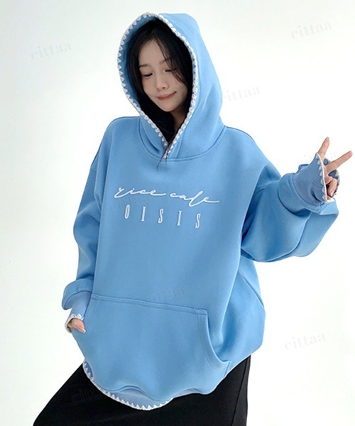Dalfwin（ダールフィン）の「韓国ファッション ricecake刺繍ロゴ配色ステッチフーディー（パーカー・レディース・グレー/ブルー・FREE）」の18枚目の写真