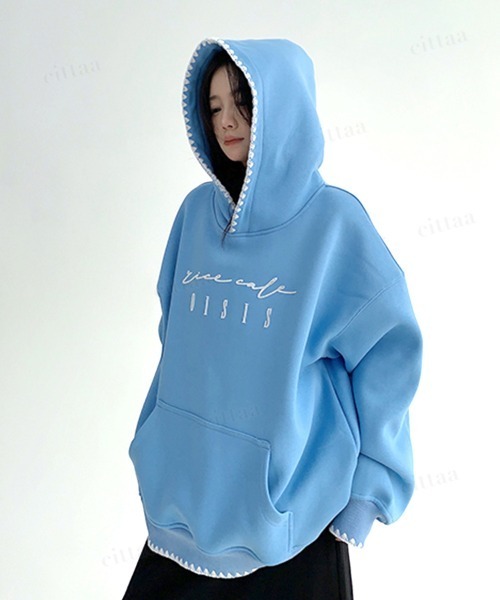 Dalfwin（ダールフィン）の「韓国ファッション ricecake刺繍ロゴ配色ステッチフーディー（パーカー・レディース・グレー/ブルー・FREE）」の19枚目の写真