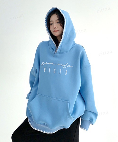 Dalfwin（ダールフィン）の「韓国ファッション ricecake刺繍ロゴ配色ステッチフーディー（パーカー・レディース・グレー/ブルー・FREE）」の20枚目の写真