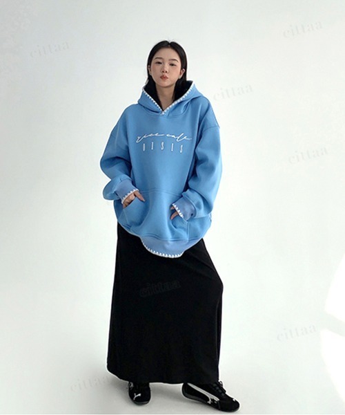 Dalfwin（ダールフィン）の「韓国ファッション ricecake刺繍ロゴ配色ステッチフーディー（パーカー・レディース・グレー/ブルー・FREE）」の21枚目の写真