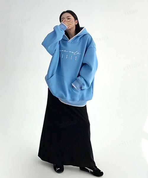 Dalfwin（ダールフィン）の「韓国ファッション ricecake刺繍ロゴ配色ステッチフーディー（パーカー・レディース・グレー/ブルー・FREE）」の22枚目の写真