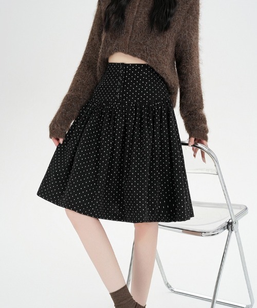 セール】ヴィンテージドット柄コーデュロイカジュアルミディプリーツ
