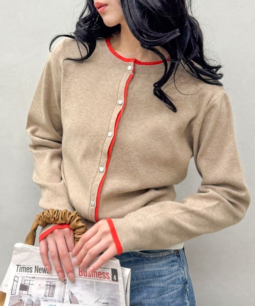 SpRay(スプレイ)の「配色ニットカーディガン(カーディガン/ボレロ・レディース・ベージュ/ブラック/グレー/アイボリー・FREE)」の1枚目の写真