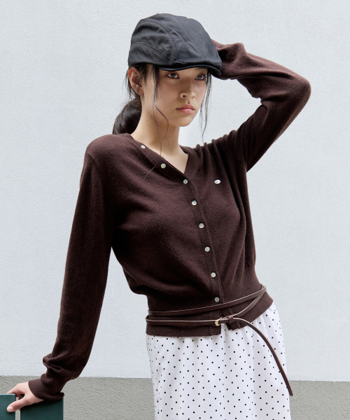 WOOL BLENDED V NECK CARDIGAN BROWN