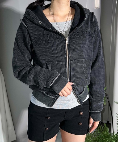 sedacle girl（セダクルガール）の「アップリケロゴサーマルパーカー（パーカー・レディース・カーキ/チャコールグレー/ネイビー/レオパード・MEDIUM/SMALL）」の2枚目の写真