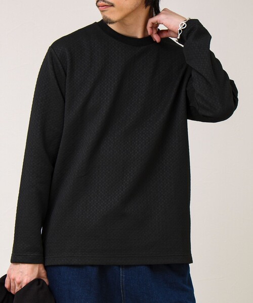 GLOSTER(グロスター)の「【素材で魅せる】フクレリンクスジャガードロンT(Tシャツ/カットソー・メンズ・ホワイト/ブラック/ブルー・L/M/S)」の1枚目の写真