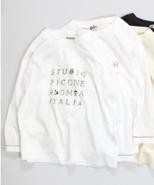 STUDIO PICONE(スタジオピッコーネ)の「ラメ刺繍UV速乾七分袖プルオーバー(Tシャツ/カットソー・レディース・ベージュ/ホワイト×グレー/ホワイト×ピンク/グレー・LL/L/M)」の2枚目の写真