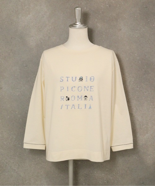 STUDIO PICONE(スタジオピッコーネ)の「ラメ刺繍UV速乾七分袖プルオーバー(Tシャツ/カットソー・レディース・ベージュ/ホワイト×グレー/ホワイト×ピンク/グレー・LL/L/M)」の4枚目の写真