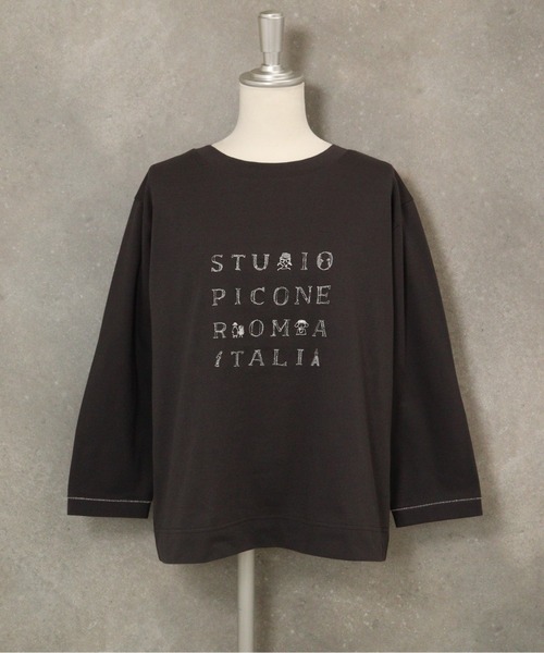 STUDIO PICONE(スタジオピッコーネ)の「ラメ刺繍UV速乾七分袖プルオーバー(Tシャツ/カットソー・レディース・ベージュ/ホワイト×グレー/ホワイト×ピンク/グレー・LL/L/M)」の1枚目の写真