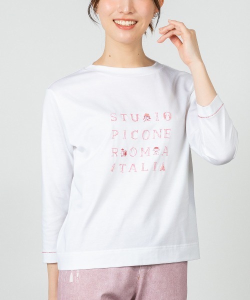 STUDIO PICONE(スタジオピッコーネ)の「ラメ刺繍UV速乾七分袖プルオーバー(Tシャツ/カットソー・レディース・ベージュ/ホワイト×グレー/ホワイト×ピンク/グレー・LL/L/M)」の3枚目の写真
