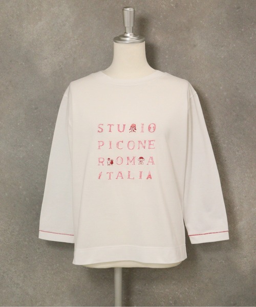 STUDIO PICONE(スタジオピッコーネ)の「ラメ刺繍UV速乾七分袖プルオーバー(Tシャツ/カットソー・レディース・ベージュ/ホワイト×グレー/ホワイト×ピンク/グレー・LL/L/M)」の6枚目の写真
