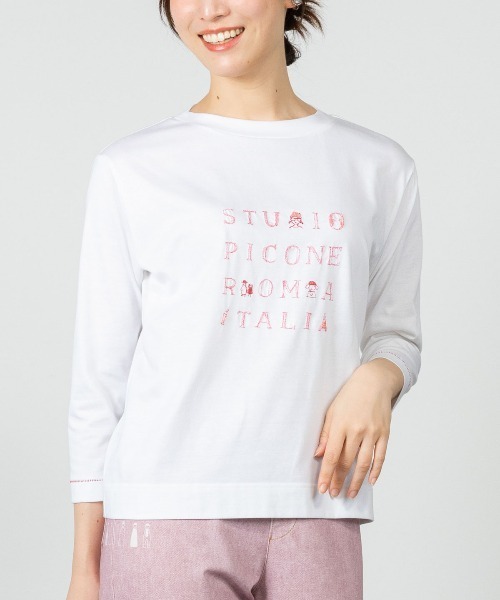 STUDIO PICONE(スタジオピッコーネ)の「ラメ刺繍UV速乾七分袖プルオーバー(Tシャツ/カットソー・レディース・ベージュ/ホワイト×グレー/ホワイト×ピンク/グレー・LL/L/M)」の10枚目の写真