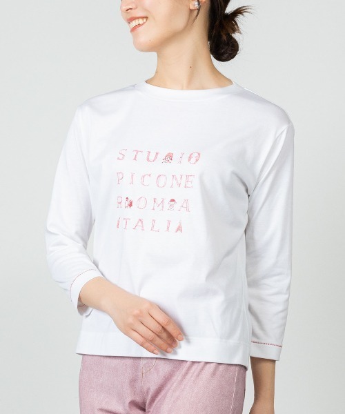 STUDIO PICONE(スタジオピッコーネ)の「ラメ刺繍UV速乾七分袖プルオーバー(Tシャツ/カットソー・レディース・ベージュ/ホワイト×グレー/ホワイト×ピンク/グレー・LL/L/M)」の11枚目の写真