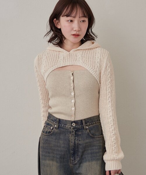 mline（エムライン）の「[mline]ショートニット フーディーSET（ニット/セーター・レディース・チャコールグレー/アイボリー・FREE）」の3枚目の写真