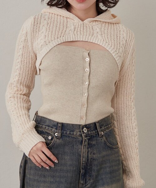 mline（エムライン）の「[mline]ショートニット フーディーSET（ニット/セーター・レディース・チャコールグレー/アイボリー・FREE）」の4枚目の写真