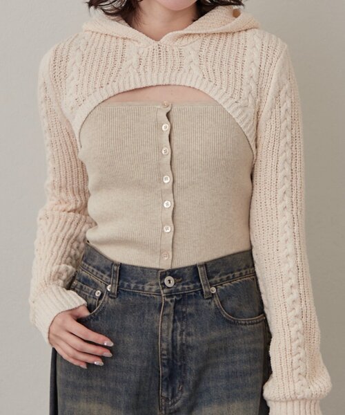 mline（エムライン）の「[mline]ショートニット フーディーSET（ニット/セーター・レディース・チャコールグレー/アイボリー・FREE）」の5枚目の写真