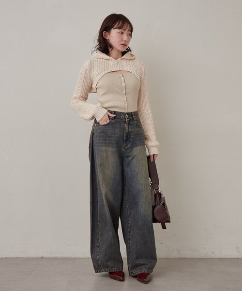 mline（エムライン）の「[mline]ショートニット フーディーSET（ニット/セーター・レディース・チャコールグレー/アイボリー・FREE）」の7枚目の写真