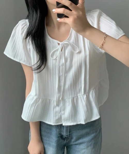 Teem Store(チームストア)の「リボンフリルペプラム半袖シアーブラウス(シャツ/ブラウス・レディース・ホワイト/サックスブルー・F)」の2枚目の写真