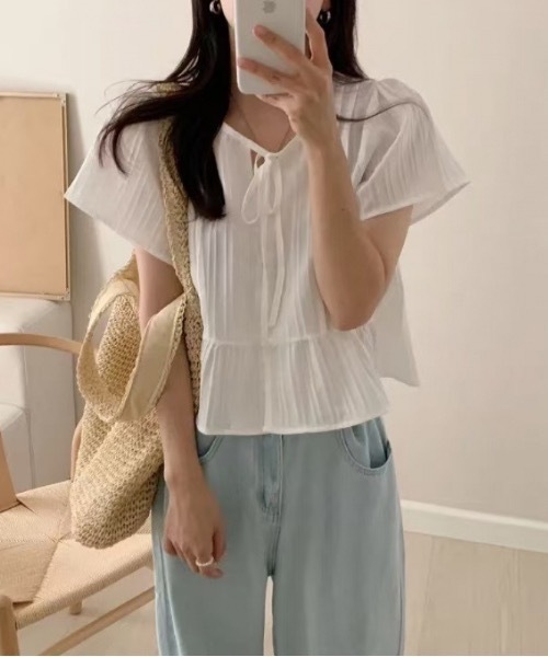 Teem Store(チームストア)の「リボンフリルペプラム半袖シアーブラウス(シャツ/ブラウス・レディース・ホワイト/サックスブルー・F)」の7枚目の写真