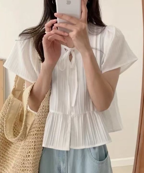 Teem Store(チームストア)の「リボンフリルペプラム半袖シアーブラウス(シャツ/ブラウス・レディース・ホワイト/サックスブルー・F)」の8枚目の写真