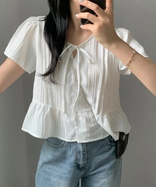 Teem Store(チームストア)の「リボンフリルペプラム半袖シアーブラウス(シャツ/ブラウス・レディース・ホワイト/サックスブルー・F)」の9枚目の写真