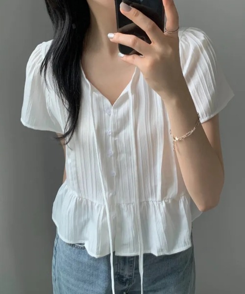 Teem Store(チームストア)の「リボンフリルペプラム半袖シアーブラウス(シャツ/ブラウス・レディース・ホワイト/サックスブルー・F)」の10枚目の写真