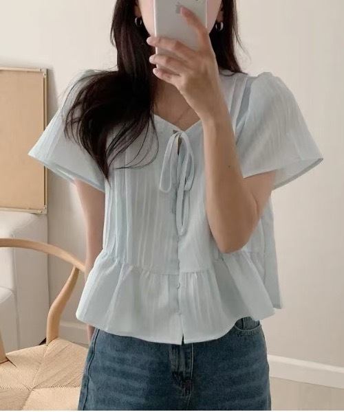 Teem Store(チームストア)の「リボンフリルペプラム半袖シアーブラウス(シャツ/ブラウス・レディース・ホワイト/サックスブルー・F)」の12枚目の写真
