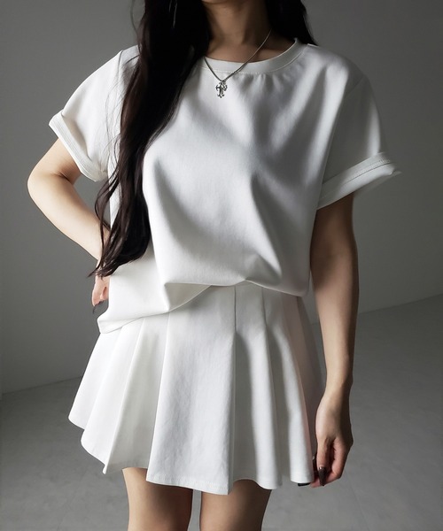 me+em select（ミームセレクト）の「【 セットアップ 】オーバーサイズ半袖Ｔシャツ＋プリーツミニスカート SET ／( SETUP ) oversize shortsleeve Tee + pleated mini skirt SET（セットアップ・レディース・ホワイト/ブラック・FREE）」の12枚目の写真