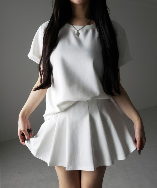 me+em select（ミームセレクト）の「【 セットアップ 】オーバーサイズ半袖Ｔシャツ＋プリーツミニスカート SET ／( SETUP ) oversize shortsleeve Tee + pleated mini skirt SET（セットアップ・レディース・ホワイト/ブラック・FREE）」の18枚目の写真