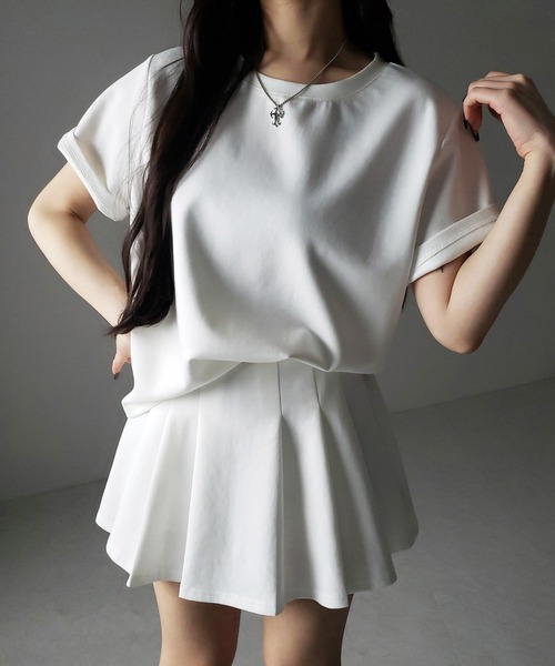 me+em select（ミームセレクト）の「【 セットアップ 】オーバーサイズ半袖Ｔシャツ＋プリーツミニスカート SET ／( SETUP ) oversize shortsleeve Tee + pleated mini skirt SET（セットアップ・レディース・ホワイト/ブラック・FREE）」の9枚目の写真