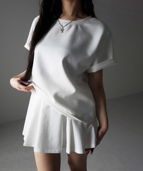 me+em select（ミームセレクト）の「【 セットアップ 】オーバーサイズ半袖Ｔシャツ＋プリーツミニスカート SET ／( SETUP ) oversize shortsleeve Tee + pleated mini skirt SET（セットアップ・レディース・ホワイト/ブラック・FREE）」の8枚目の写真