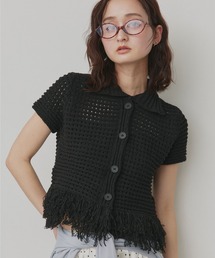 フリンジ ヘムワッフル編み ニット トップス