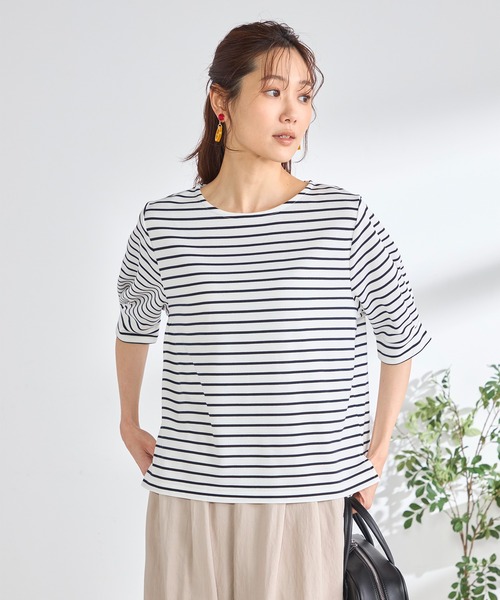 GALLORIA(ギャローリア)の「袖ボリュームボーダープルオーバー(Tシャツ/カットソー・レディース・ネイビー/ベージュ/ピンク・L/LL/M/S)」の3枚目の写真
