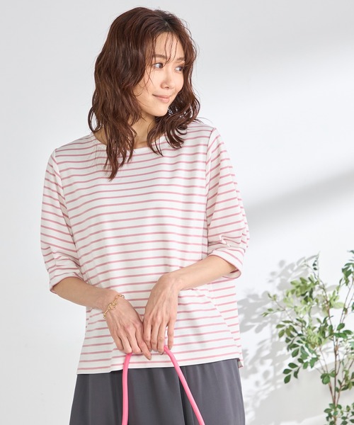 GALLORIA(ギャローリア)の「袖ボリュームボーダープルオーバー(Tシャツ/カットソー・レディース・ネイビー/ベージュ/ピンク・L/LL/M/S)」の1枚目の写真