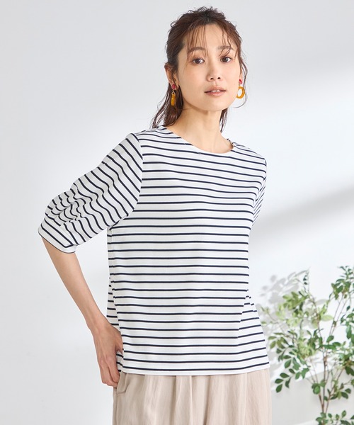 GALLORIA(ギャローリア)の「袖ボリュームボーダープルオーバー(Tシャツ/カットソー・レディース・ネイビー/ベージュ/ピンク・L/LL/M/S)」の5枚目の写真