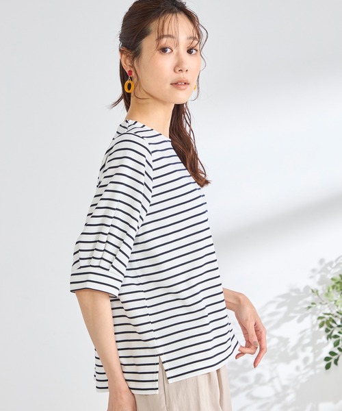 GALLORIA(ギャローリア)の「袖ボリュームボーダープルオーバー(Tシャツ/カットソー・レディース・ネイビー/ベージュ/ピンク・L/LL/M/S)」の4枚目の写真
