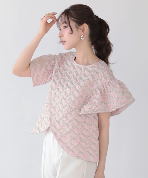 Fit more(フィットモア)の「フラワージャガードカシュクールフリルトップス(その他トップス・レディース・ブルー/ホワイト/ピンク・FREE)」の5枚目の写真
