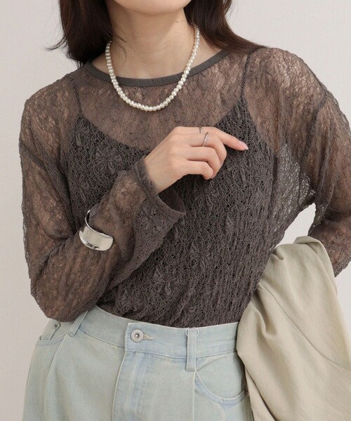 fredy emue(フレディエミュ)の「シアーレースロンTシャツ(Tシャツ/カットソー・レディース・オフホワイト/グレイッシュブルー/チャコールグレー・38)」の10枚目の写真
