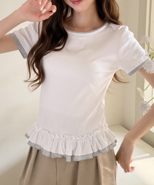 Ada.(エイダ)の「スポーティー バイカラー フリル 半袖 カットソー(Tシャツ/カットソー・レディース・ブラック/ホワイト/ピンク/グレー・FREE)」の9枚目の写真