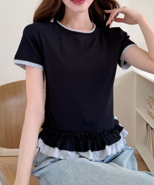 Ada.(エイダ)の「スポーティー バイカラー フリル 半袖 カットソー(Tシャツ/カットソー・レディース・ブラック/ホワイト/ピンク/グレー・FREE)」の22枚目の写真