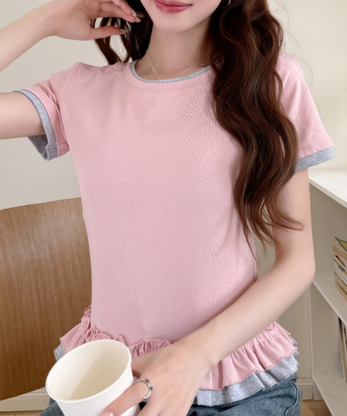 Ada.(エイダ)の「スポーティー バイカラー フリル 半袖 カットソー(Tシャツ/カットソー・レディース・ブラック/ホワイト/ピンク/グレー・FREE)」の11枚目の写真