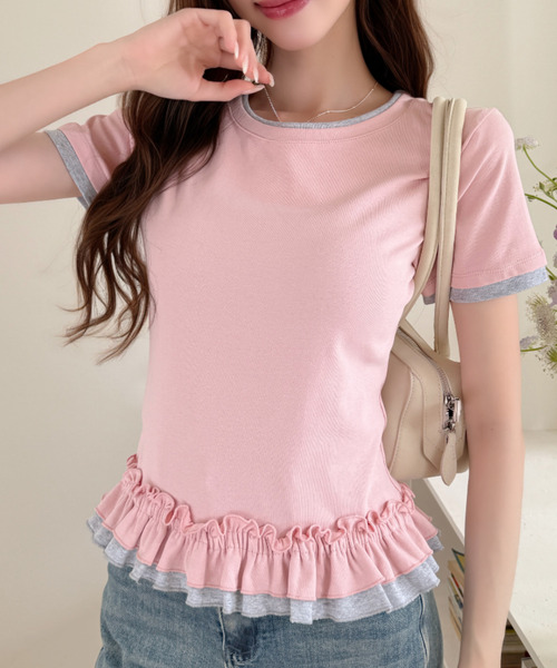 Ada.(エイダ)の「スポーティー バイカラー フリル 半袖 カットソー(Tシャツ/カットソー・レディース・ブラック/ホワイト/ピンク/グレー・FREE)」の14枚目の写真