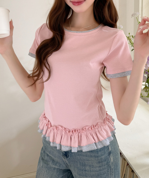 Ada.(エイダ)の「スポーティー バイカラー フリル 半袖 カットソー(Tシャツ/カットソー・レディース・ブラック/ホワイト/ピンク/グレー・FREE)」の12枚目の写真